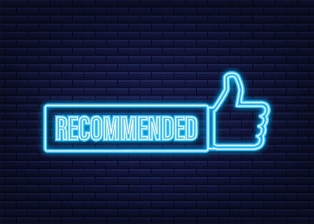 Recommend icon. White label recommended on blue background. Neon icon. Vector stock illustration.