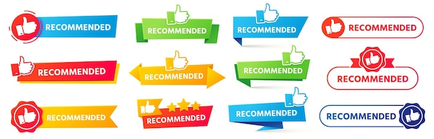 Recommended banner. best recommendation badge, bestseller tag and tor rating advice banners set.