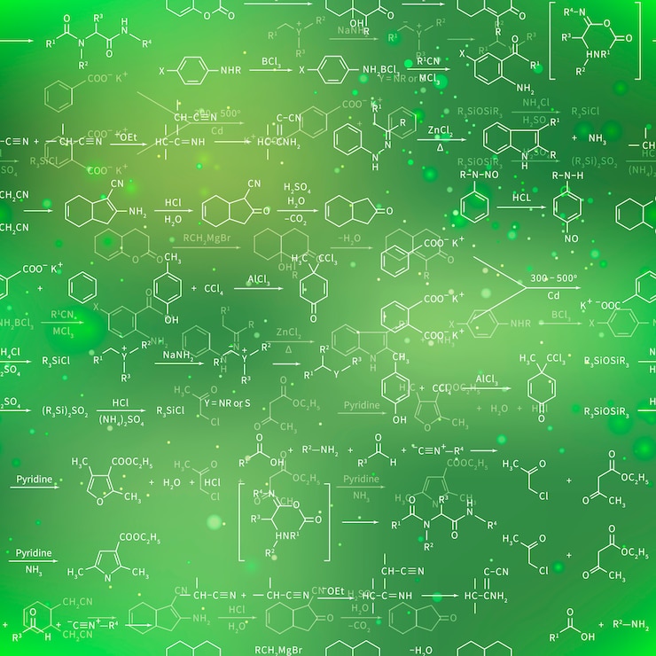 Vector recondite chemical equations and formulas on blurred green background, seamless pattern