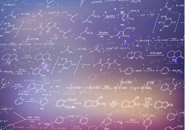 Vector recondite chemical equations and formulas on blurred purple background