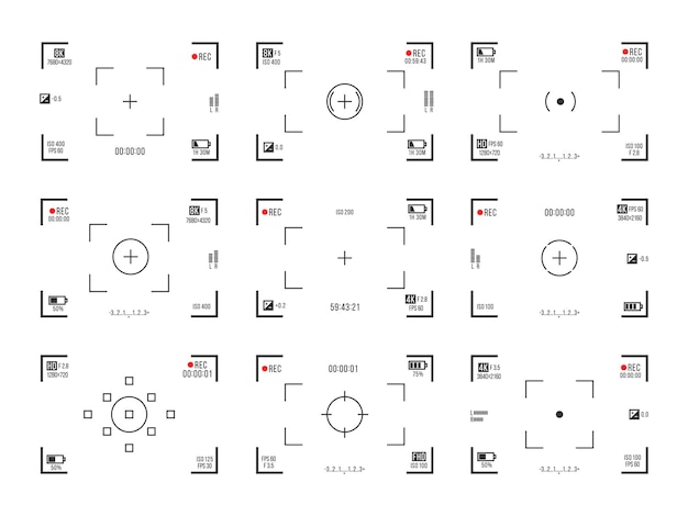 Recorder cam display rec viewfinders screen for movie recording preview vector set