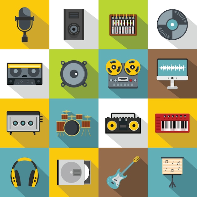 Vector recording studio items icons set, flat style