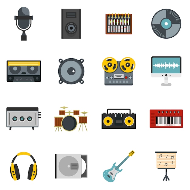 Vector recording studio items icons set in flat style