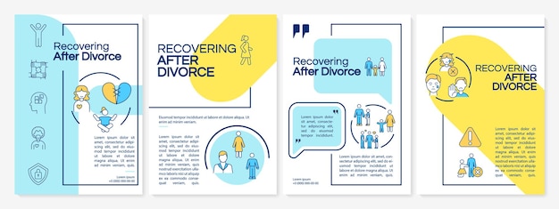 Recovering after divorce blue and yellow brochure template. Booklet print design with linear icons. Vector layouts for presentation, annual reports, ads. Questrial-Regular, Lato-Regular fonts used