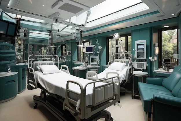 Recovery room with beds and comfortable medical interior of an empty hospital room clean and empty