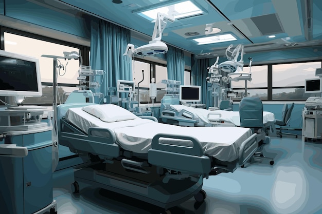 Vettore sala di recupero con letti e comode strutture mediche interno di una stanza ospedaliera vuota