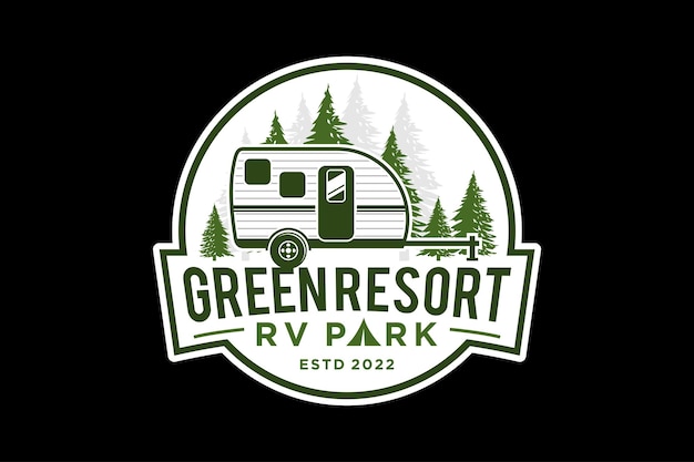 Recreatief voertuig logo ontwerp vakantie reis reiziger dennenboom bos RV silhouet