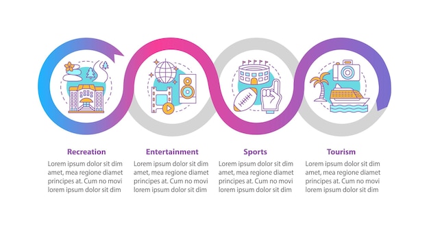 recreation industries vector infographic template. business presentation design elements. data visualization with four steps and options. process timeline chart. workflow layout with linear icons