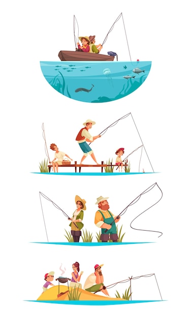 Recreational fishing 4 compositions with couple in boat family\
on beach angling catching cooking fish illustration