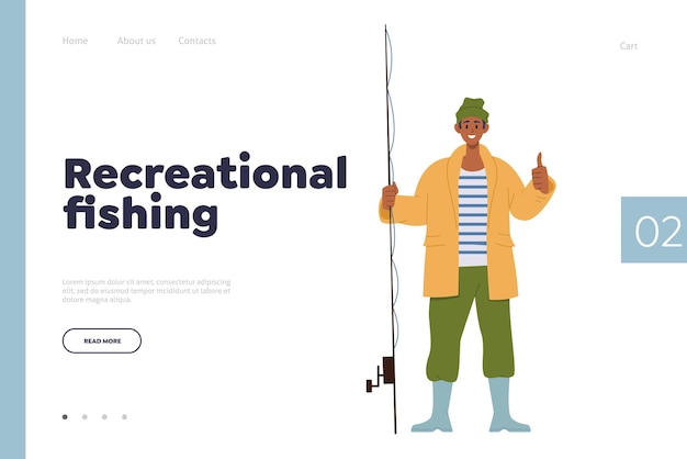 Recreational fishing landing page design template with happy fisherman character gesturing thumbsup