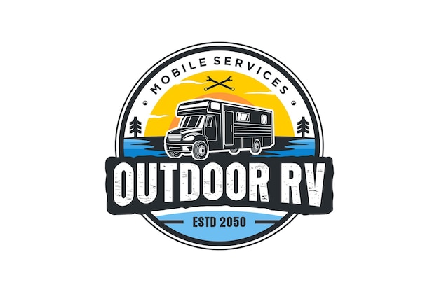 Recreational Vehicle logo design holiday journey traveler river lake scene car trailer