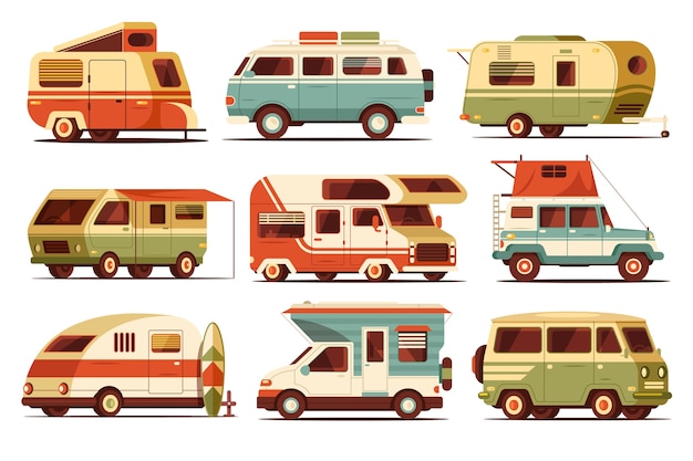 Recreational vehicles set in flat design