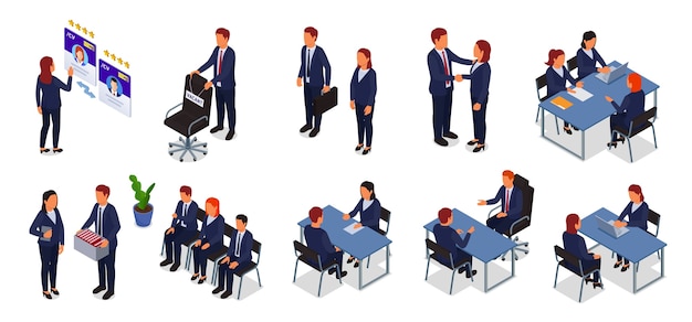 Vector recruiting agency isometric cartoon composition set