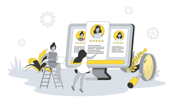 recruiting concept in flat design with people women hr managers looking for new vacancies read online resumes and select best candidates vector illustration with character scene for web banner