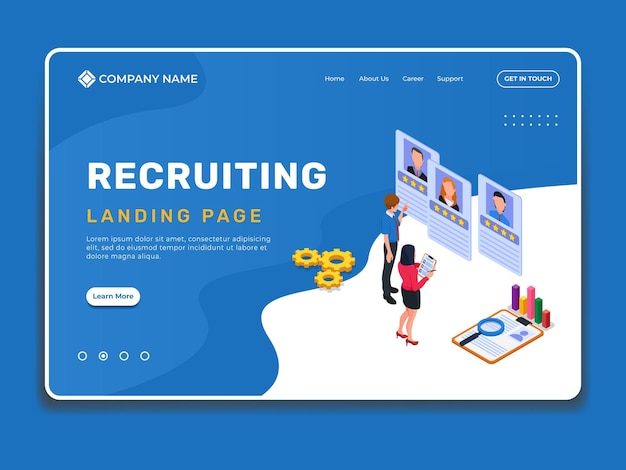 Recruiting landing page website template with isometric people check the candidate information data