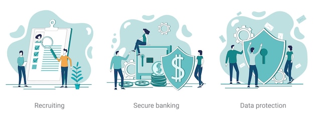 Vector recruiting secure banking and data protection a set of vector illustrations on a business theme