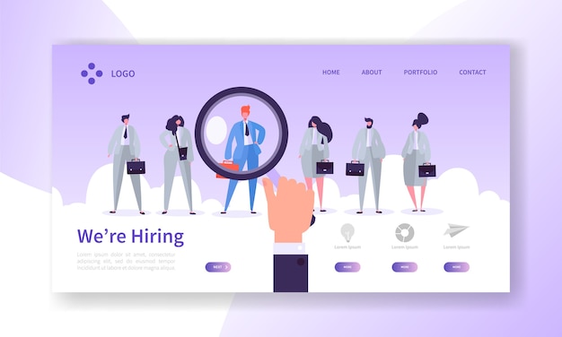 Vector recruitment best candidate concept landing page. hr searching for new candidate. hand hold magnifier select individual person from group of people website or web page. flat cartoon vector illustration