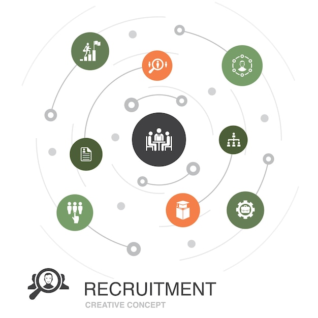 Vector recruitment colored circle concept with simple icons. contains such elements as  career, employment, position, experience