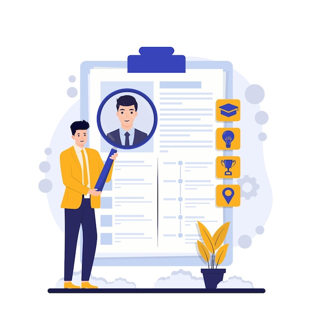 recruitment concept man looking at a resume for hiring and employment