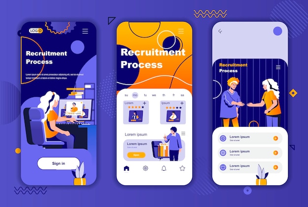 Vector recruitment process mobile app screens template for social networks stories