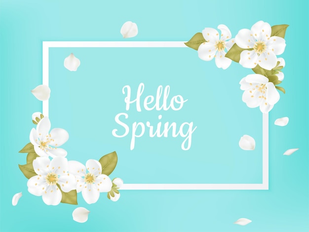 Rectangle banner, Hello Spring. Card for spring season, cherry blossom wreath frame, sakura flowers