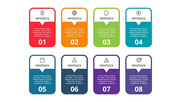 Концепция прямоугольника для инфографики с 8 шагами вариантов частей или процессов Визуализация бизнес-данных