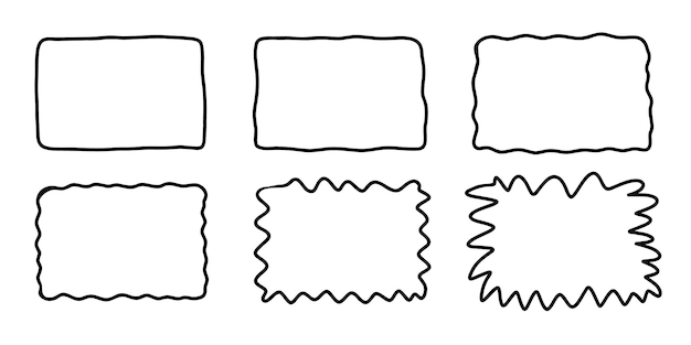 Набор прямоугольных каракулей. Ручной рисунок волнистой кривой деформированной текстурированной рамки. Эскиз границы.