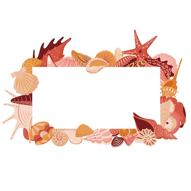 Vector rectangle frame with seashells starfish clams