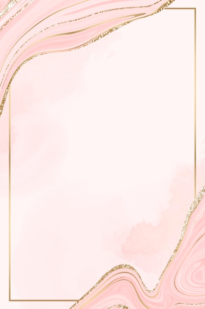 Прямоугольная золотая рамка на розовом жидком узорчатом фоне вектора
