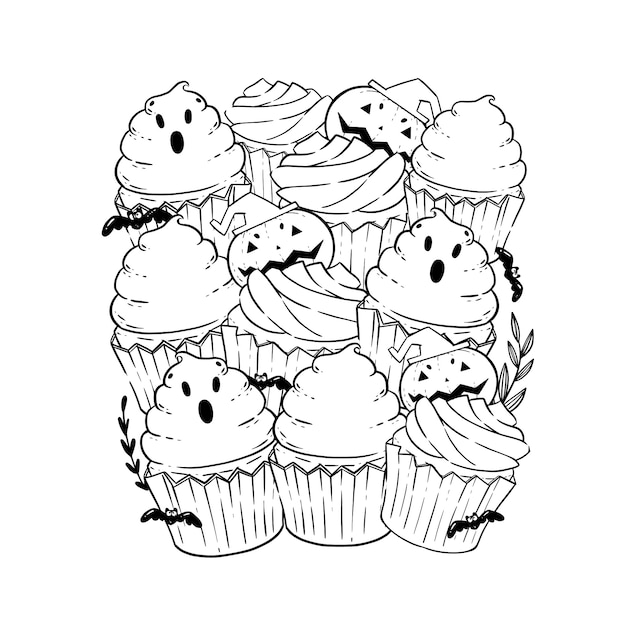 Modello di forma rettangolare con cupcakes di halloween per libro da colorare.