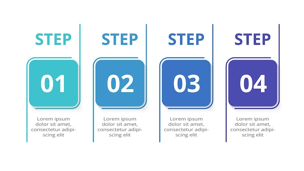 4 つのステップ オプションのパーツまたはプロセスを含む四角形のインフォ グラフィック ビジネス データの視覚化