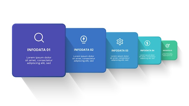 5 つのステップ オプションのパーツまたはプロセスを含む四角形のインフォ グラフィック ビジネス データの視覚化
