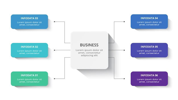 6단계 옵션 부품 또는 프로세스가 포함된 사각형 인포그래픽 비즈니스 데이터 시각화