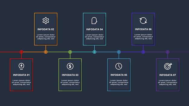 Вектор Инфографика прямоугольников с вариантами 7 шагов частей или процессов визуализация бизнес-данных