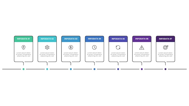 Инфографика прямоугольников с 7 шагами вариантов частей или процессов Визуализация бизнес-данных