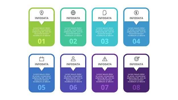 Инфографика прямоугольников с 8 шагами вариантов частей или процессов визуализация бизнес-данных