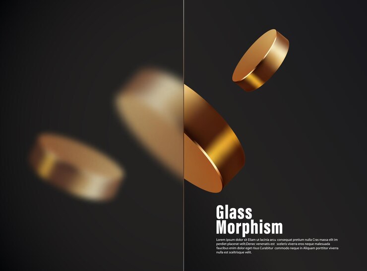 Vector rectangular banner made of transparent frosted glass golden round shapes on a black background