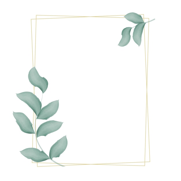 Rectangular double golden frame with foliage vector empty form with watercolor leafy branch