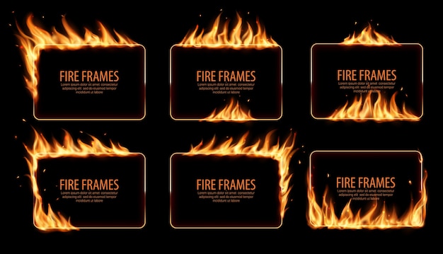 Vector rectangular fire frames,  burning borders. realistic burn flame tongues with flying particles and embers on rectangular frame edges.  flare. burned holes in fire,  blazing borders set
