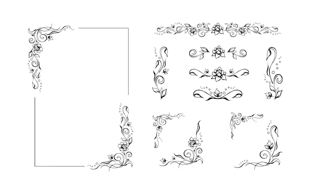 Rectangular floral frame rose border template with flourishes in corners Handdrawn vintage garland