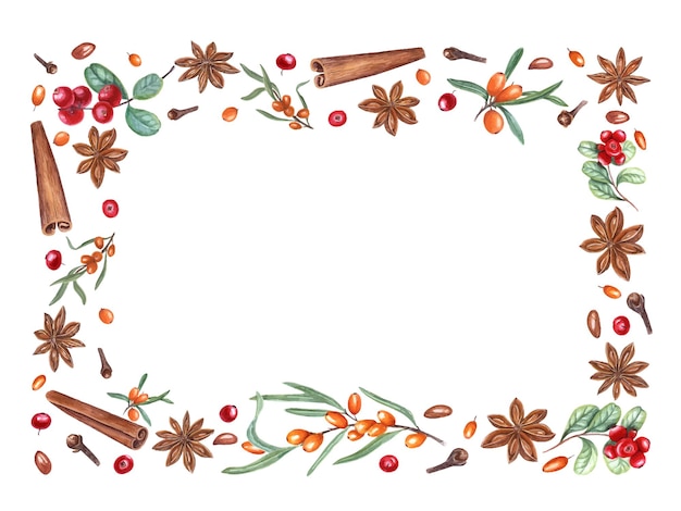rectangular frame of cowberries cinnamon star anise sea buckthorn cloves watercolor illustration for postcard design invitation greeting space for text