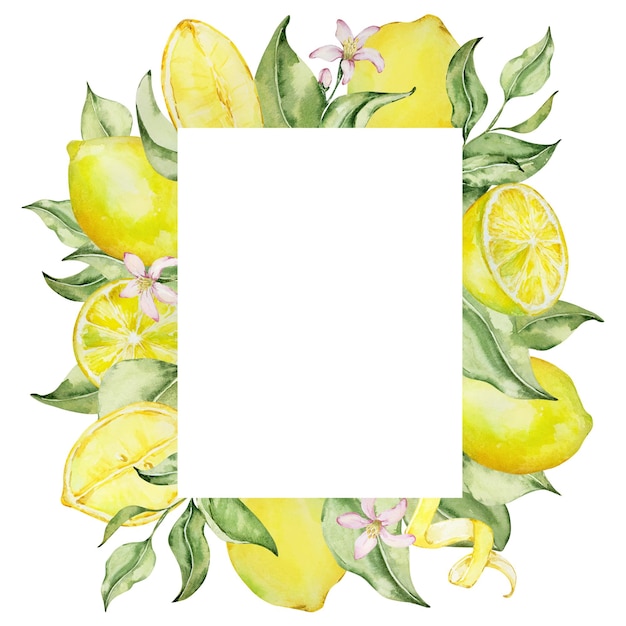 Rectangular frame of watercolor lemons flowers and leaves