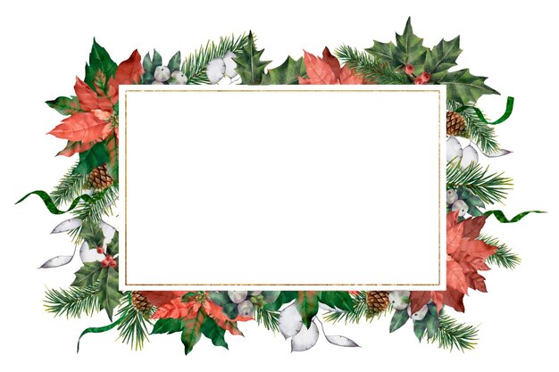 Vector rectangular frame with coniferous branches poinsettia berries for christmas greetings