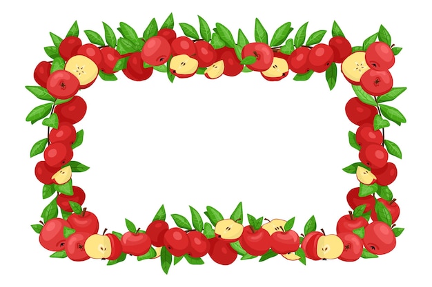 Прямоугольная рамка с красными яблоками и листьями