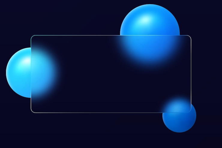 Vector rectangular frosted glass banner with floating blue spheres