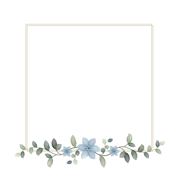 Rectangular golden frame with blue watercolor flowers and leaves template vector illustration