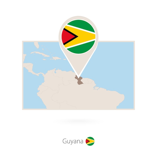 Rectangular map of Guyana with pin icon of Guyana