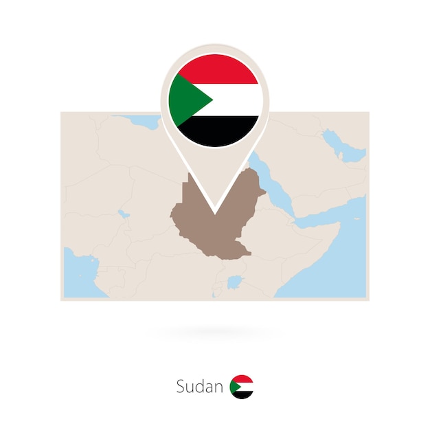 Rectangular map of Sudan with pin icon of Sudan