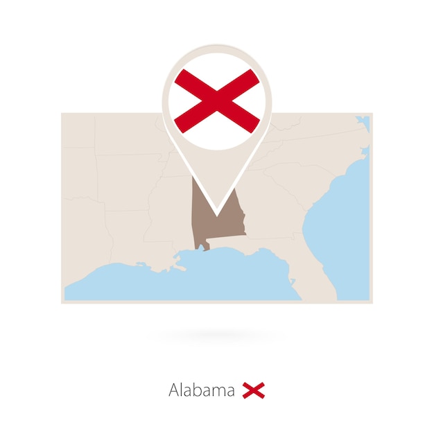 Rectangular map of US state Alabama with pin icon of Alabama