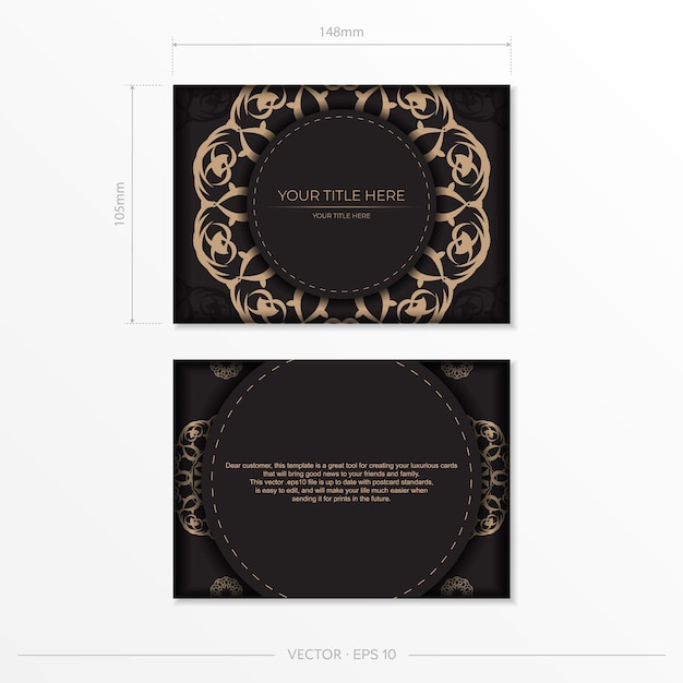 Rectangular Postcard design in black with luxurious ornaments Vector invitation card with vintage patterns